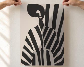 Mid Century Modern Woman Art Print, Black and White Stripes, Abstract Female Silhouette, Minimalist Fashion Poster, Unframed