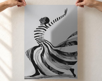 Dance of Joy Art Print, Black and White Abstract Dancer, Striped Collage Figure, Modern Monochrome Wall Art, Unframed Poster