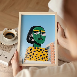 Bold abstract face art print, colorful portrait, modern street art, vibrant green figure, geometric urban decor, pop art inspired