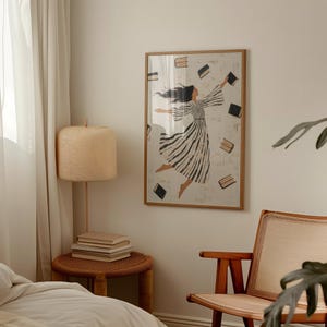 Woman Reading Illustration Modern Wall Art Contemporary Art Minimalist Stripe Dress Print Flying Books Print Book Lover Art Digital Download