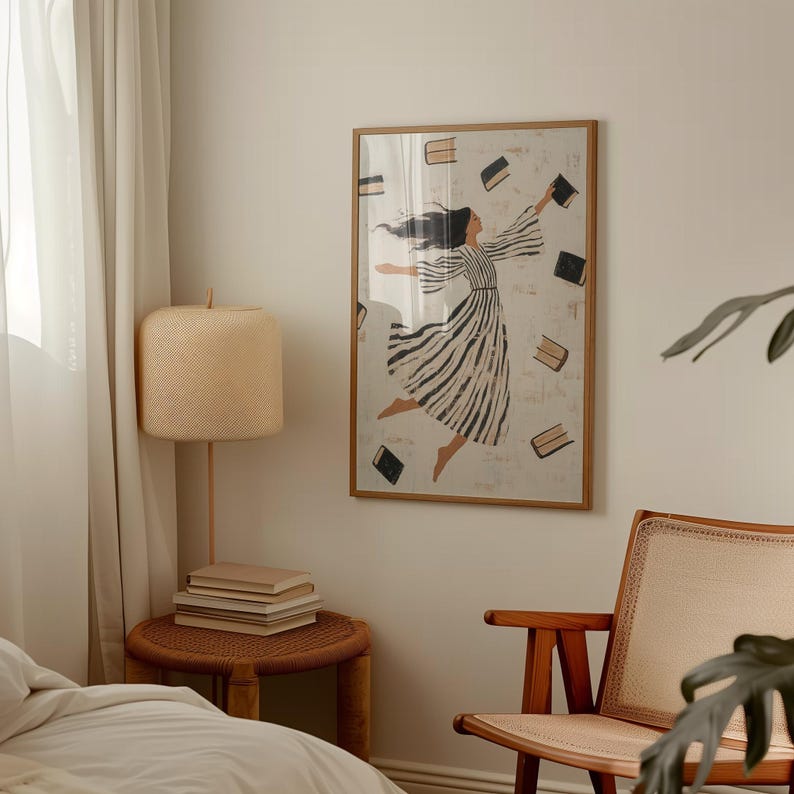 Woman Reading Illustration Modern Wall Art Contemporary Art Minimalist Stripe Dress Print Flying Books Print Book Lover Art Digital Download