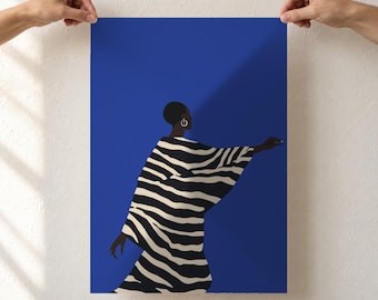 Electric Blue Woman Art Print, Abstract Cobalt Stripes Figure, Black Woman Wall Art, Modern Minimalist Poster, Unframed