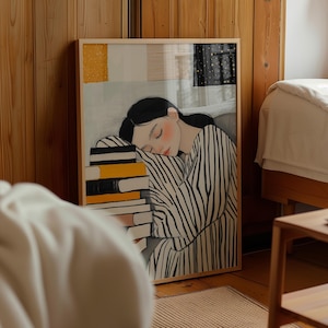 Sleepy girl with books illustration, cozy reading art print, minimalistic decor, striped design, peaceful study room decor, modern wall art