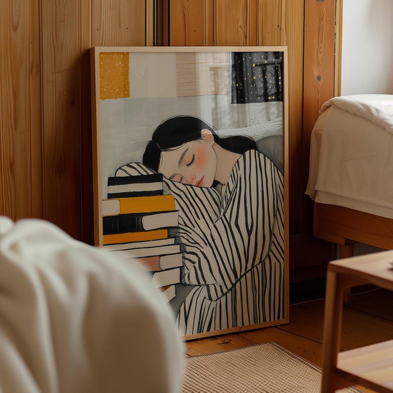 Sleepy girl with books illustration, cozy reading art print, minimalistic decor, striped design, peaceful study room decor, modern wall art