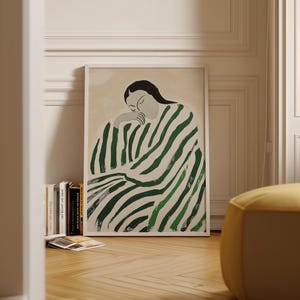 Emerald Green Abstract People Large Wall Art Contemporary Artwork Minimalist Print Living Room Wall Art Stripe Woman Print Digital Download