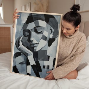 Ritratto femminile astratto, arte minimalista del viso in bianco e nero, espressione geometrica moderna, stampa di donna contemplativa, download digitale