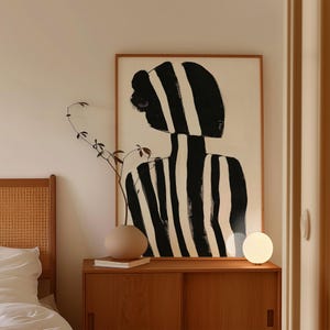 Black and white abstract woman print, minimalist female figure wall art, modern striped silhouette decor, contemporary digital artwork