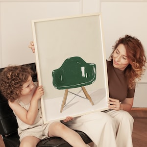 Modern green chair art print, minimalist furniture illustration, contemporary home decor, simple abstract design, neutral wall art, mid-century style