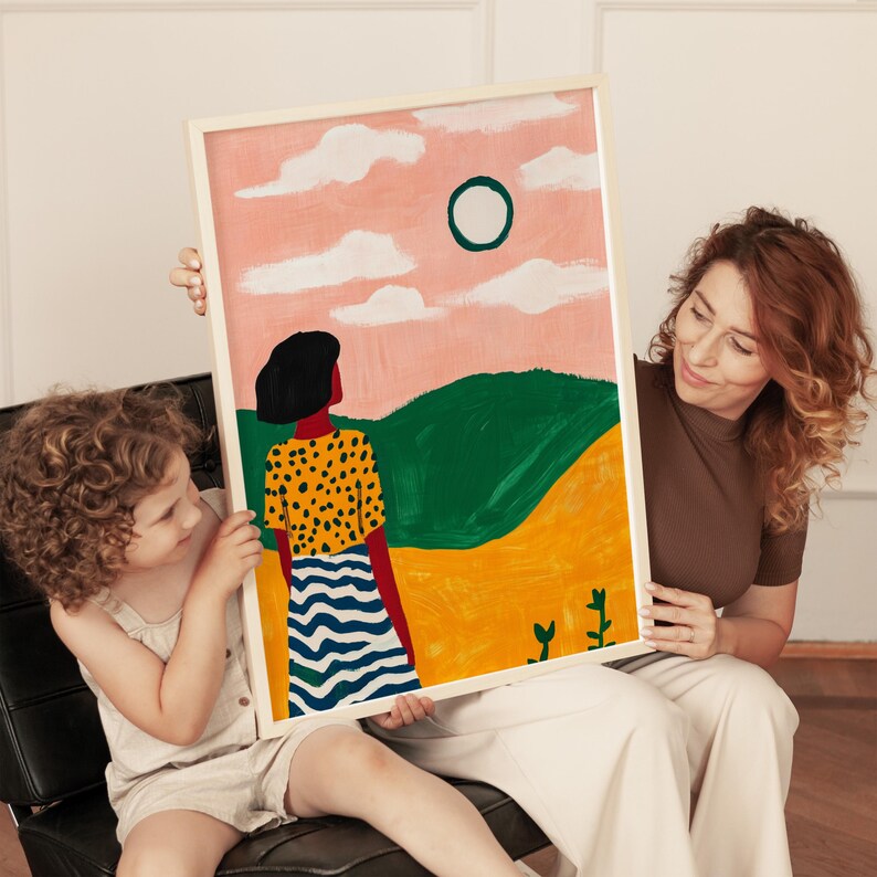 Colorful sunset landscape art print, modern abstract woman illustration, pink sky and green hills, polka dot and stripes outfit, nature-inspired decor