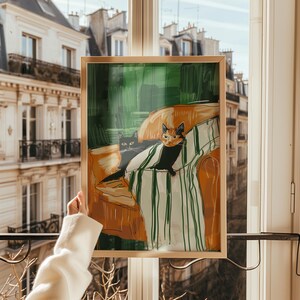 Sleeping Cats Large Wall Art Contemporary Art Minimalist Print Living Room Dark Green Wall Decor Stripe Kittens Printable Digital Download