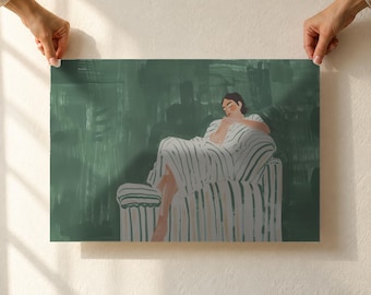 Emerald Green Woman Art Print, Relaxing on Striped Armchair, Horizontal Minimalist Wall Art, Unframed Matte Poster