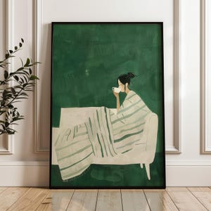 Woman Relaxing with Coffee Wall Art | Cozy Minimalist Illustration with Striped Blanket | Tranquil Home Decor | Digital Download Print