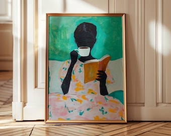 Emerald Green Woman Reading Art Print: Minimalist Book & Coffee