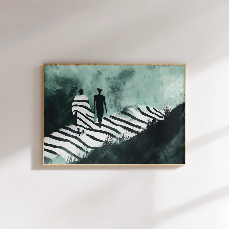 Abstract Couple Silhouette Art Walking Path Black and White Stripes