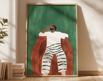 Lámina artística "Hombre con pantalones a rayas": Decoración moderna de pared en color verde (Descarga digital)