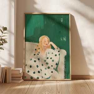 Emerald Green Abstract People Large Wall Art Contemporary Art Minimalist Print Living Room Wall Art Polka Dot Woman Print Digital Download