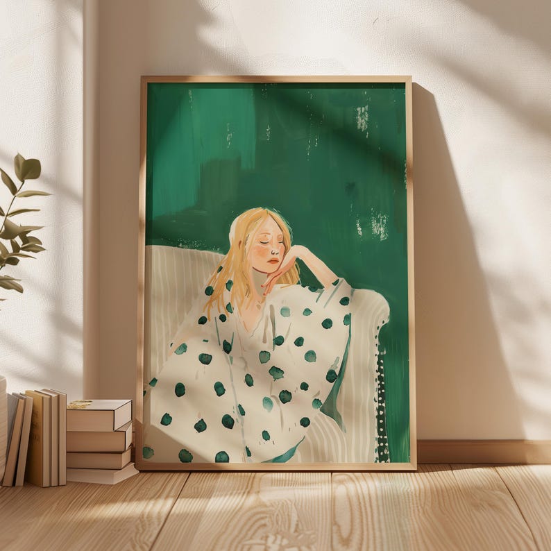 Emerald Green Abstract People Large Wall Art Contemporary Art Minimalist Print Living Room Wall Art Polka Dot Woman Print Digital Download