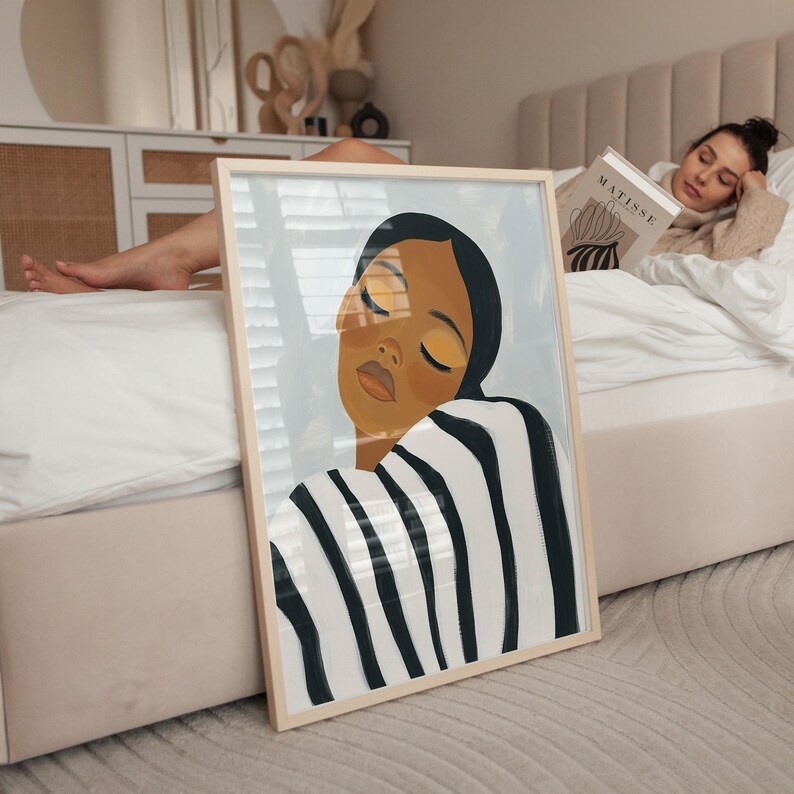 Abstract Woman Art Print: Black and White Stripes, Minimalist Portrait ...