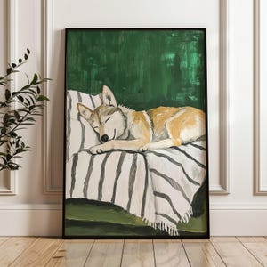 May include: A painting of a dog sleeping on a striped blanket. The dog is brown and white and has its eyes closed. The blanket is white and grey and has a green background.