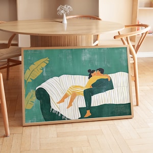 Abstract Couple Print: Minimalist Green Living Room Wall Art (Digital Download)