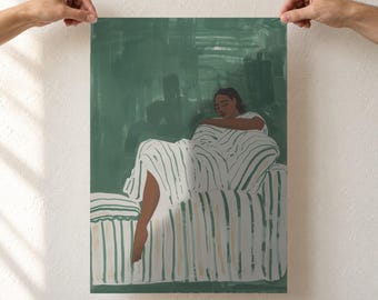 Emerald Green Woman Art Print, Black Woman Sleeping on Striped Sofa, Cozy Minimalist Wall Art, Unframed Matte Poster