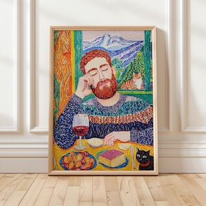 Cozy Man Portrait Art, Colorful Relaxed Dining Scene, Abstract Man Print, Mountain View Illustration, Bearded Man Wall Art Digital Download