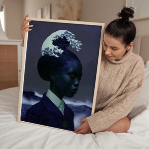Surreal Ocean Wave Art Print, Afro Girl Portrait with Water and Waves, Surrealism Digital Artwork, Ocean-Themed Wall Decor, Instant Download