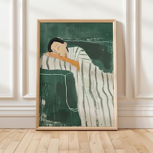 Emerald Green Abstract People Large Wall Art Contemporary Artwork Minimalist Print Living Room Wall Art Stripe Woman Print Digital Download
