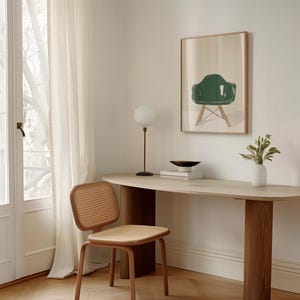 Modern green chair art print, minimalist furniture illustration, contemporary home decor, simple abstract design, neutral wall art, mid-century style