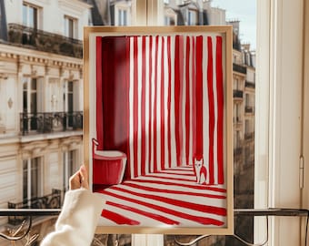 Red Striped Cat Art Print: Minimalist Modern Home Decor (Digital Download)
