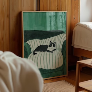 Black and White Cat on Striped Blanket – Cozy Hand-Painted Acrylic Art for Cat Lovers and Home Decor