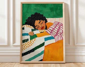 Resting Woman Art Print: Colorful Bedding, Minimalist Bedroom Decor (Digital Download)