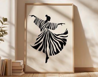 Minimalist Dancer Art Print: Black and White Flowing Dress (Digital Download)