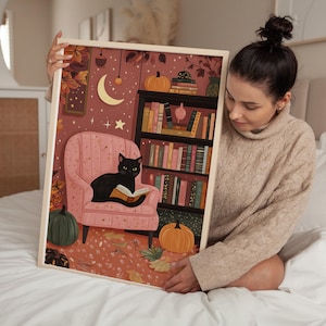 Black Cat Autumn Reading Print: Cozy Halloween Bookshelf Art (digital ...