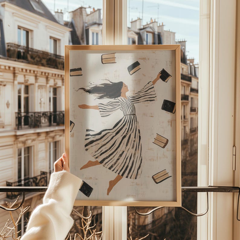Woman Reading Illustration Modern Wall Art Contemporary Art Minimalist Stripe Dress Print Flying Books Print Book Lover Art Digital Download