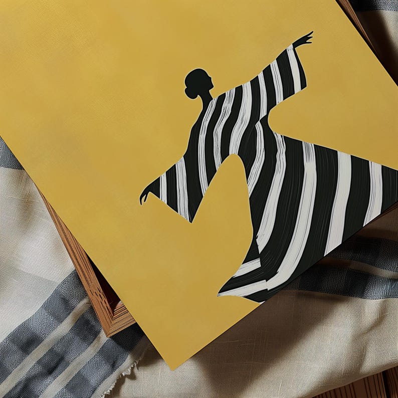 Minimalist Woman Art Print: Yellow, Black & White Stripes (digital ...