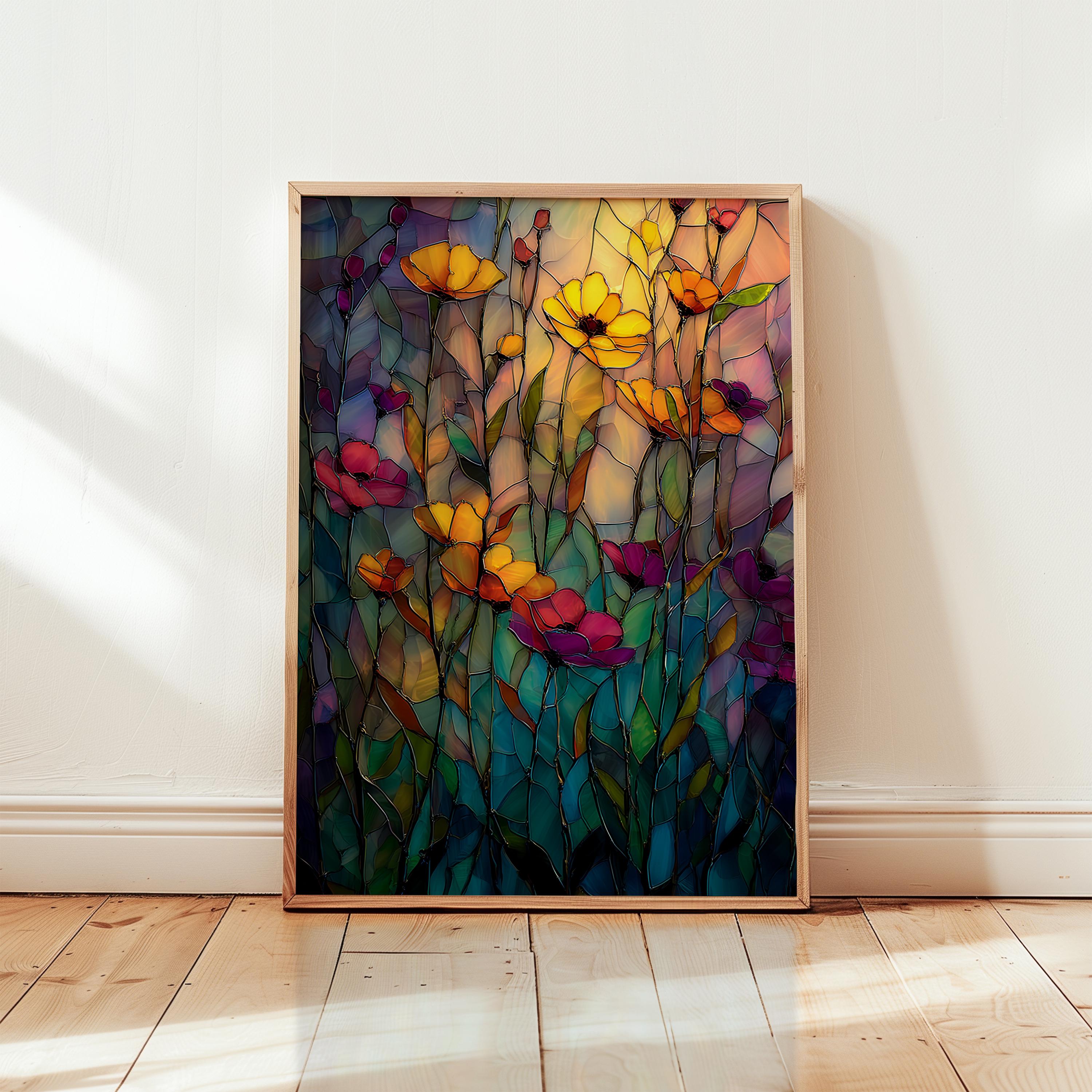 Vibrant Wildflowers Stained Glass Art Print – Moody Floral Landscape ...