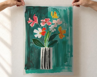 Flower Vase Art Print, Colorful Watercolor Bouquet, Teal and Coral Floral Poster, Striped Vase Painting, Unframed Poster