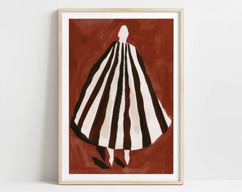 Peut inclure: Une illustration encadrée d'une personne portant une robe à rayures noires et blanches sur un fond rouge.
