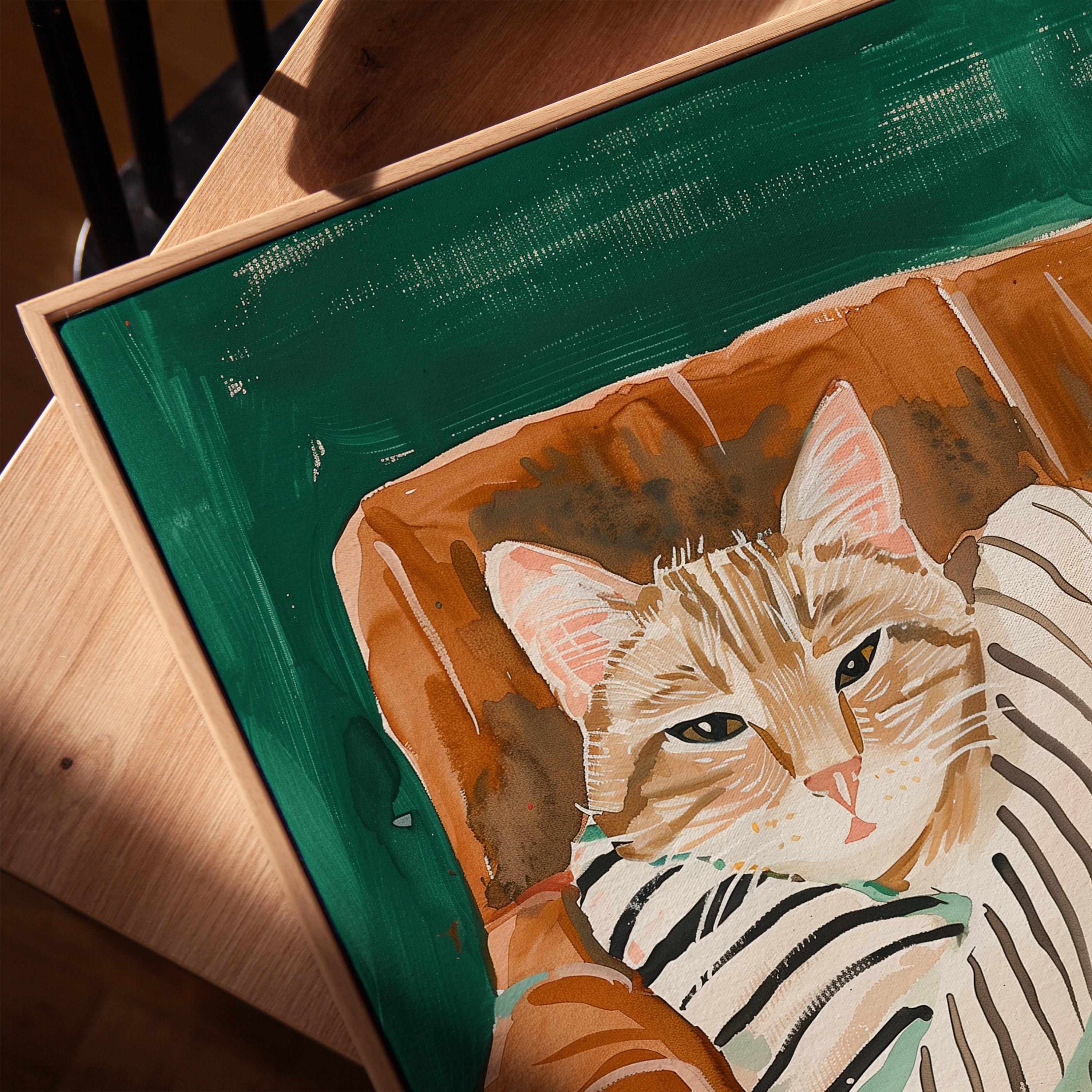 居心地の良いトラ猫のアートプリント：ストライプ柄の毛布のイラスト