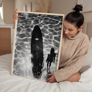 Aerial Surfer Girl Print: Vintage Black and White Beach Art (Digital Download)