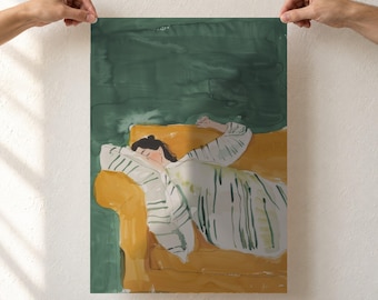 Sleeping Woman Art Print, Mustard Sofa and Green Wall Painting, Cozy Nap Watercolor Poster, Calm Bedroom Decor, Unframed