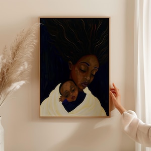 母と子のアフロアートプリント、黒人の母性の肖像画、感情的なアフリカ系アメリカ人の壁の装飾、家族の愛のアートワークの即時ダウンロード