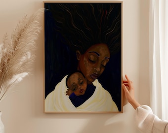 May include: A painting of a woman with long, dark hair holding a sleeping baby wrapped in a white blanket. The woman's eyes are closed and she is looking down at the baby. The background is dark blue.