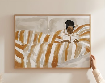 Contemporary Art Cozy Wall Art Figurative Print Brown Woman Reading in Bed Striped Printable Art  for Warm Home Decor - Unique Line Drawing