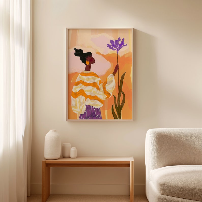 Orange Purple Abstract People Art, Wall Decor Mid Century Art, Minimalist Print Modern, Abstract Art Living Room, Female Figure Wall Decor