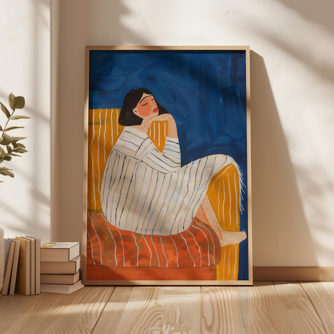 Abstract Woman Portrait Art Print: Striped Dress, Blue & Warm Tones ...