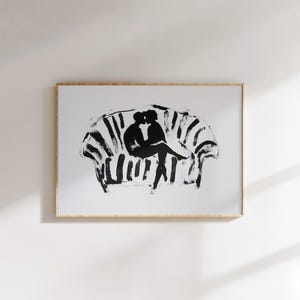 Romantic couple on couch, black and white minimalist print, abstract silhouette, modern wall art, digital download, printable love art
