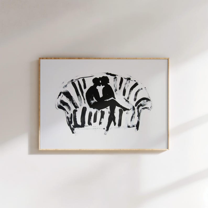 Romantic couple on couch, black and white minimalist print, abstract silhouette, modern wall art, digital download, printable love art