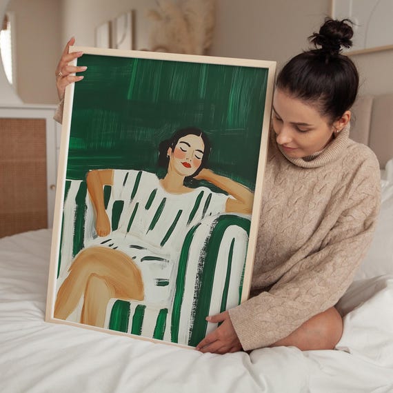 Green and White Woman Portrait Art Print: Modern Lounging Decor (Digital Download)